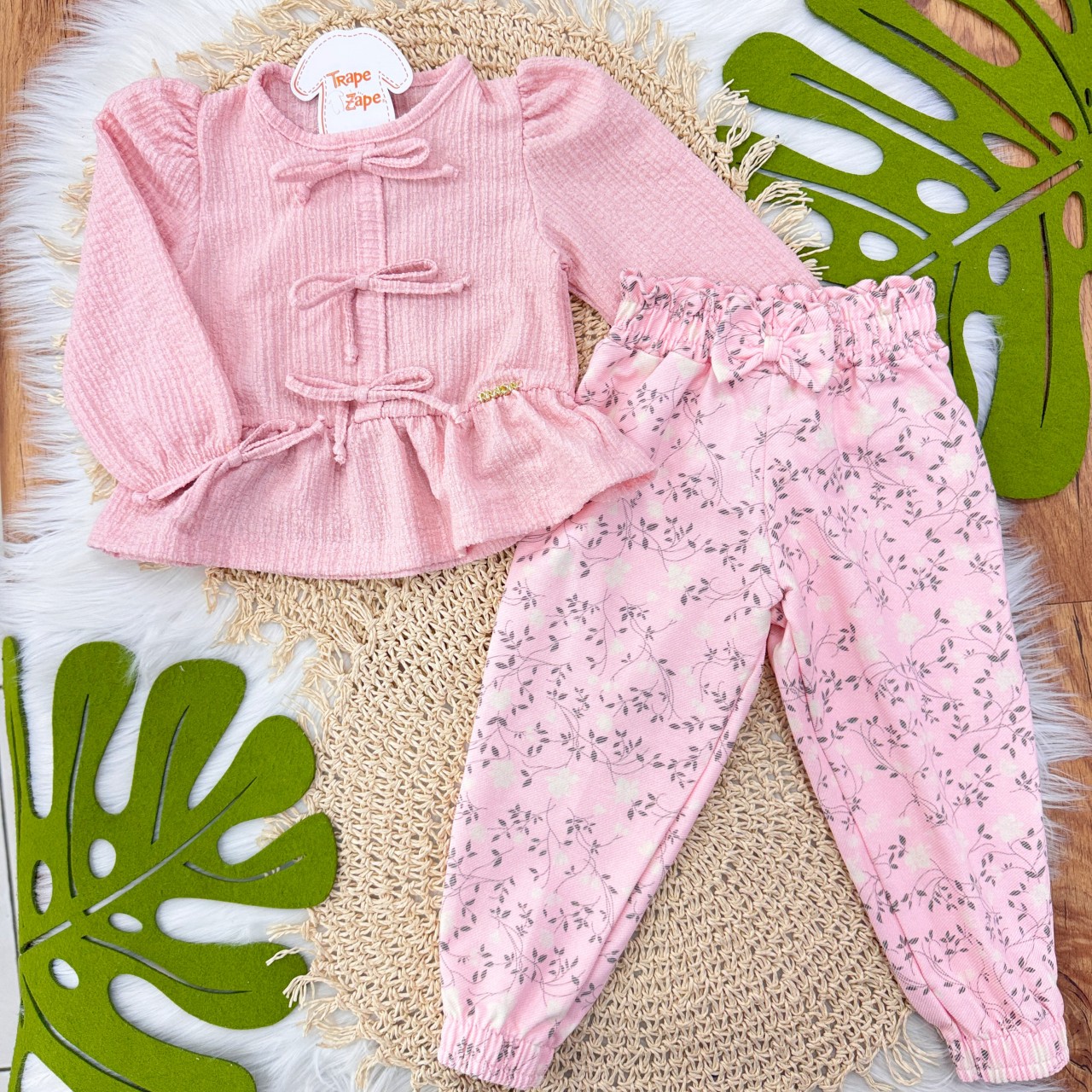  Conj. Batinha Manga Longa Anarruga Três Laços e Calça Floral - Rose